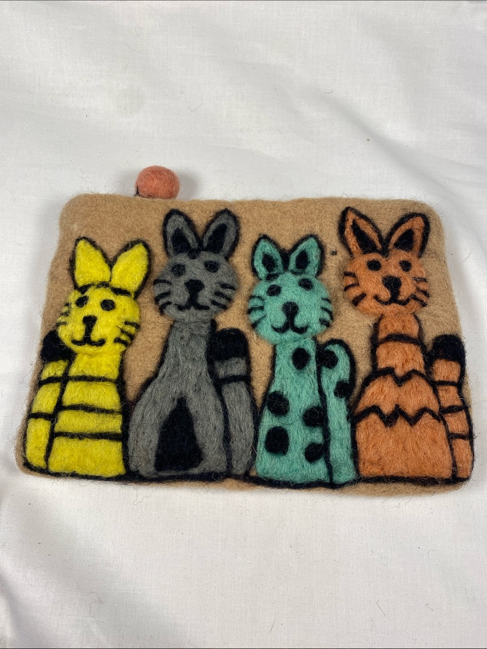 Nepal Handmade Wool Cat Pouch - Yellow, Gray, Teal, Orange
